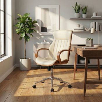 Silla de oficina giratoria regulable en simil cuero nogal/crema