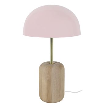 Lámpara de mesa cilindro columna madera natural pantalla rosa