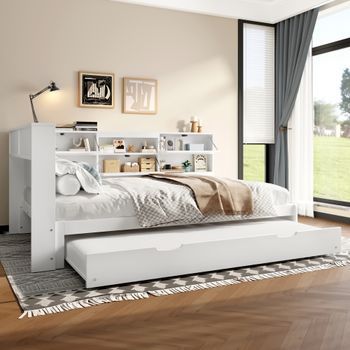 Cama Sofá Doble Con Cabecera Con Almacenamiento Y Cama Abatible, 140x200 Cm, Blanca