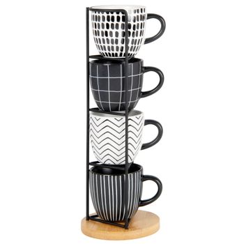Set de 4 tazas de cerámica negra/blanca con soporte de metal negro