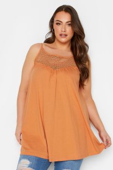 Yours Top Naranja Con Canesú De Ganchillo, Mujer Curvy Y Tallas Grandes, Yours