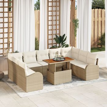 Juego De Comedor De Jardín De 10 Piezas Con Cojines Beige Polirratán Acacia V7449 Unico / Beige