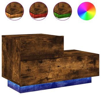 Mesita De Noche | Mesa Auxiliar | Mesilla Con Luces Led Roble Ahumado 70x36x40,5 Cm
