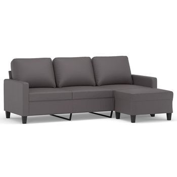 Sofá De 3 Plazas | Sofá De Salón | Sofá De Descanso Con Taburete Cuero Sintético Gris 180 Cm