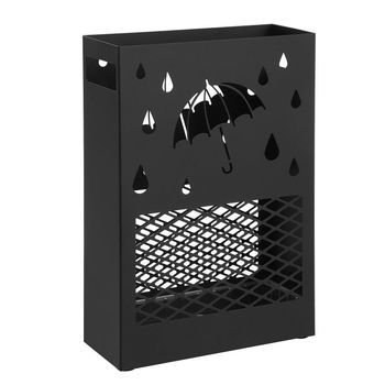 Paragüero Rectangular De Metal Tallado Bandeja Antigoteo Ganchos - Negro