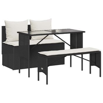 Set Comedor De Jardín 3 Pzas Con Cojines Ratán Sintético Negro Cfw226747