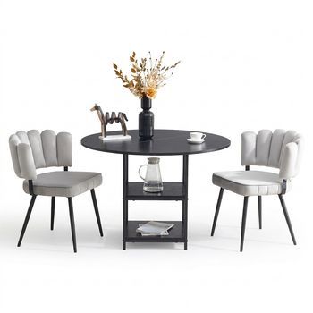 Juego De Mesa Y Sillas De Comedor, Mesa De Comedor Redonda De 107 Cm Con Estantes Y 2 Sillas De Comedor Gris Claro, Metal Y Mdf, Negro Y Gris.