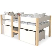 cama infantil 90x190 cm - con cajon y barandilla de seguridad - pino macizo - blanco y roble