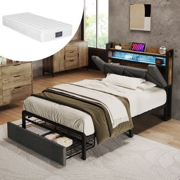 Cama Individual 90x200 Gris, Usb-c, Cabecero Almacenamiento, Led, Cajones, Somier Lamas, Metal, Con Colchón