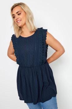 Yours Blusa Plumeti Azul Marino De Algodón Con Puntilla, Mujer Curvy Y Tallas Grandes, Yours