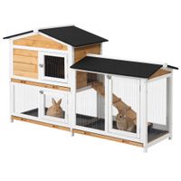 pawhut conejera de madera exterior de 2 niveles con techo asfaltico 2 corrales de metal bandeja extraible 1574x53x935 cm natural   aosom espana