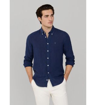 Hackett London para hombre. HM3010635 Camisa lino teñida fit tailored marino (M), Casual, Manga larga