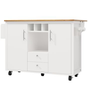 Isla De Cocina Blanca De 137,9 Cm Con Mesa Plegable Y Ruedas