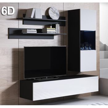 Mueble De Salón Con Led | Composición De Salón Tv | Mueble Tv | Conjunto De Salón | Ancho 160cm | Modelo Luke 6d | Negro Y Blanco Acabado Brillo