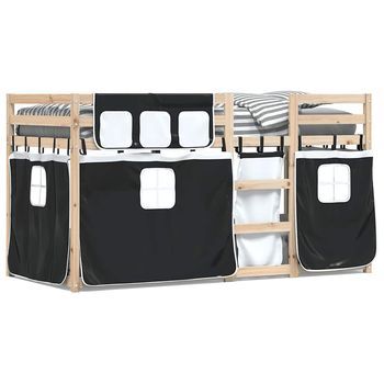 Cama Individual | Cama Para Adulto | Litera Con Cortinas Madera Maciza Pino Blanco Y Negro 90x200 Cm