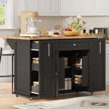 Isla De Cocina Con Encimera Abatible, Ruedas Bloqueables Y Almacenaje, 120 × 70 × 87 Cm