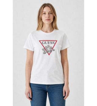 Guess para mujer. W5YI38I3Z14 Camiseta Triangulo con perlas blanco (M), Casual, Algodón, Manga corta