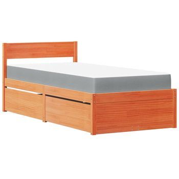 Cama Individual | Cama Para Adulto | Cama Con Cajones Y Colchón Madera Maciza Pino Marrón 90x200 Cm