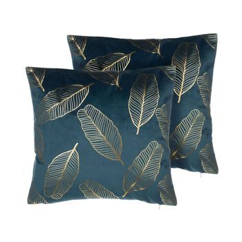 Conjunto De Cojines Decorativos En Terciopelo Azul Con Patrón De Hoja 45 X 45 Cm Accesorio De Casa Moderno Lámina Dorada Freesia