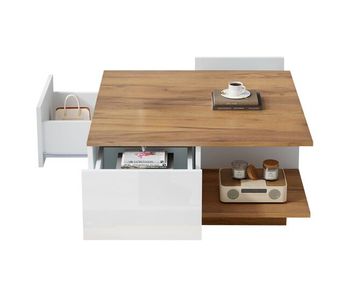 Mesa de centro cuadrada de panel de partículas con 3 cajones,natural+blanco