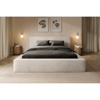 Cama Con Canapé Denali – Perla – 180x200 Cm – Tela Terciopelo Suave – Somier Elevable – Almacenamiento Integrado