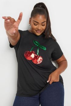 Yours Camiseta Negra De Cerezas Con Lentejuelas, Mujer Curvy Y Tallas Grandes, Yours