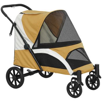 PawHut Carrito para perros, buggy plegable para perros grandes, cochecito para mascotas con 4 ruedas, correas de seguridad, frenos, Marrón