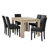 mesa de comedor  6 sillas forssa mdf y polipiel 140x90x77cm - roble claro  negro encasa