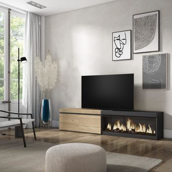 Mueble tv efecto madera roble negro 208x35x45cm chimenea efecto fuego