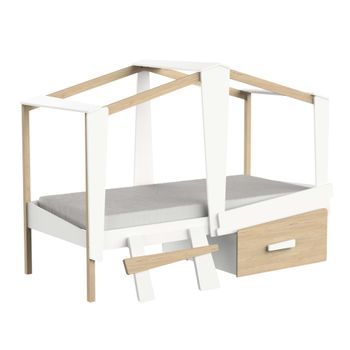 Cama Infantil Juvenil Cabane Cajón Incluido Color Roble Y Blanco Mate 90x200 Cm