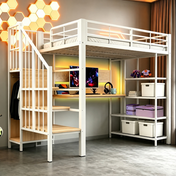 Cama Loft De Metal Con Escritorio, Panel Perforado, Tomas Euro Y Led, Estanterías De Almacenamiento, Barrera Alta, Blanca 90x200 Cm