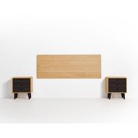 cabecero acabado madera maciza natural  2 mesitas tres cajones acabado cera  negro medidas cabecero 155 x 60 x 2 cm