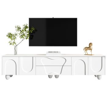 Mueble Tv Blanco 180 Cm, Mesa Tv Con Patas De Madera Maciza, Cajones Y Puertas, Acabado Mate