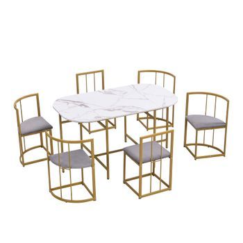 Conjunto De Comedor Con Mesa Blanca Y 6 Sillas Grises, Estructura De Hierro Dorado