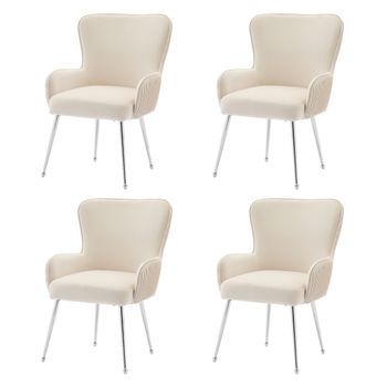 Juego De 4 Sillas De Terciopelo - Con Reposabrazos Y Patas De Metal Plateado - Beige