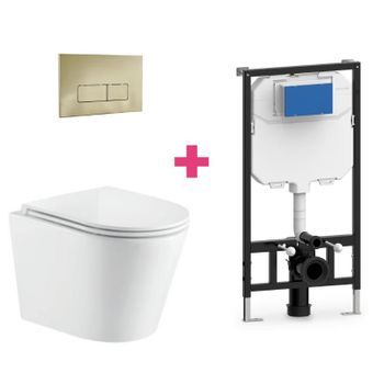Pack Inodoro Suspendido Cerámica Turin Con Cisterna Y Pulsador Dorado Rectangular
