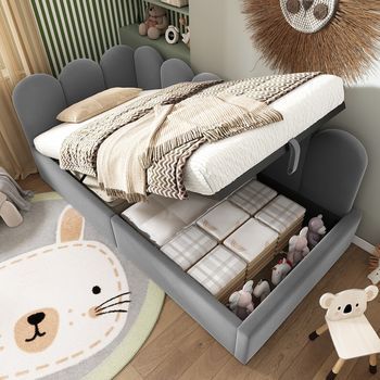Cama Sofá Tapizada Con Almacenamiento Hidráulico, Somier De Lamas Metálicas, Terciopelo Gris, 90x200 Cm