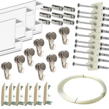 Colgar Cuadros En Pared Con Guía De Aluminio Blanco O Plata , 9 M (7 Guías) + 9 Colgadores + 9 Ganchos Rm + 14 M De Nylon , 26 Tacos Y Anclajes