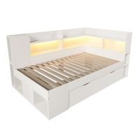 cama divan 90 x 200 cm blanca con estantes tres cajones led y carga usb y usb-c