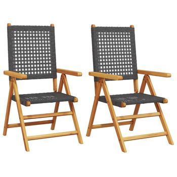 Pack 2 Uds Sillas De Jardín | Silla De Exterior | Sillón Madera Maciza De Acacia Y Ratán Pe Negro