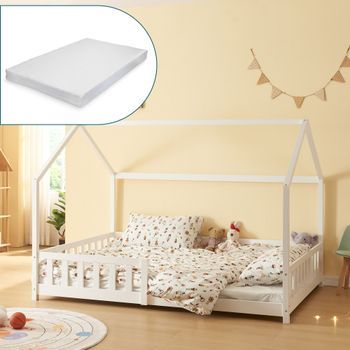 Cama Infantil Hesel En Forma De Casa Con Reja Y Colchón 140x200cm - Blanco [en.casa]