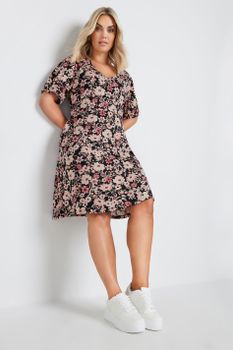 Yours Vestido Corto Negro Floral Con Mangas Abullonadas, Mujer Curvy Y Tallas Grandes, Yours
