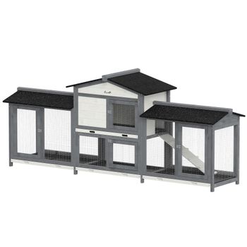 PawHut Conejera de 2 Plantas para Conejos de Madera 230x53x93,5 cm Resistente al Invierno con Techo Asfáltico Corral y Bandeja Extraíble Gris Claro   Aosom España