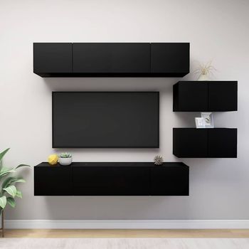 Set De Muebles De Salón Tv 6 Piezas Madera Ingeniería Negro Vidaxl