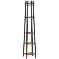 homcom perchero de pie de 4 niveles con 4 estantes 8 ganchos con estructura metalica para colgar ropa sombrero marron rustico