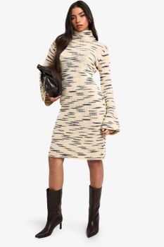 Vestido Maxi De Punto Jaspeado Premium Con Cuello Vuelto, Beige