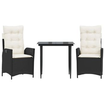 Set Comedor De Jardín 3 Uds | Conjunto Mueble Jardin Mesa Y Sillas Con Cojines Ratán Sintético Negro