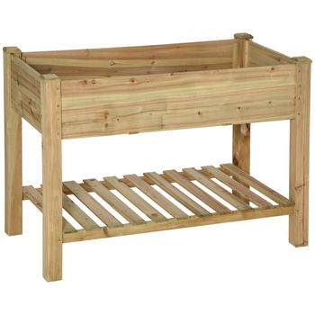 Outsunny Jardinera elevada con estante de almacenamiento en madera, huerto cuadrado elevado sobre patas, 113 x 56 x 84 cm, verde   Aosom España