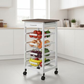 Carrito Auxiliar Con Ruedas 4 Estantes Con Cajón, Verdulero De Cocina En Madera Blanca, Verdulero Con Cajones