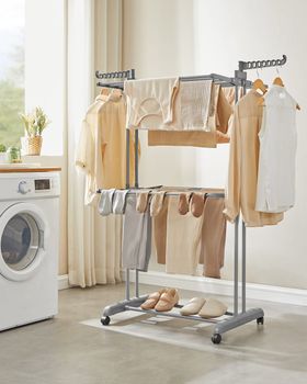 Tendedero plegable de 2 niveles con ruedas de color gris